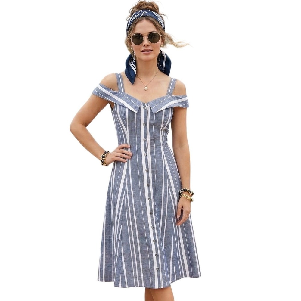 ASOS Blue‎ White Striped Cotton Button Front Midi Dress Nautical Size 2 NWOT
